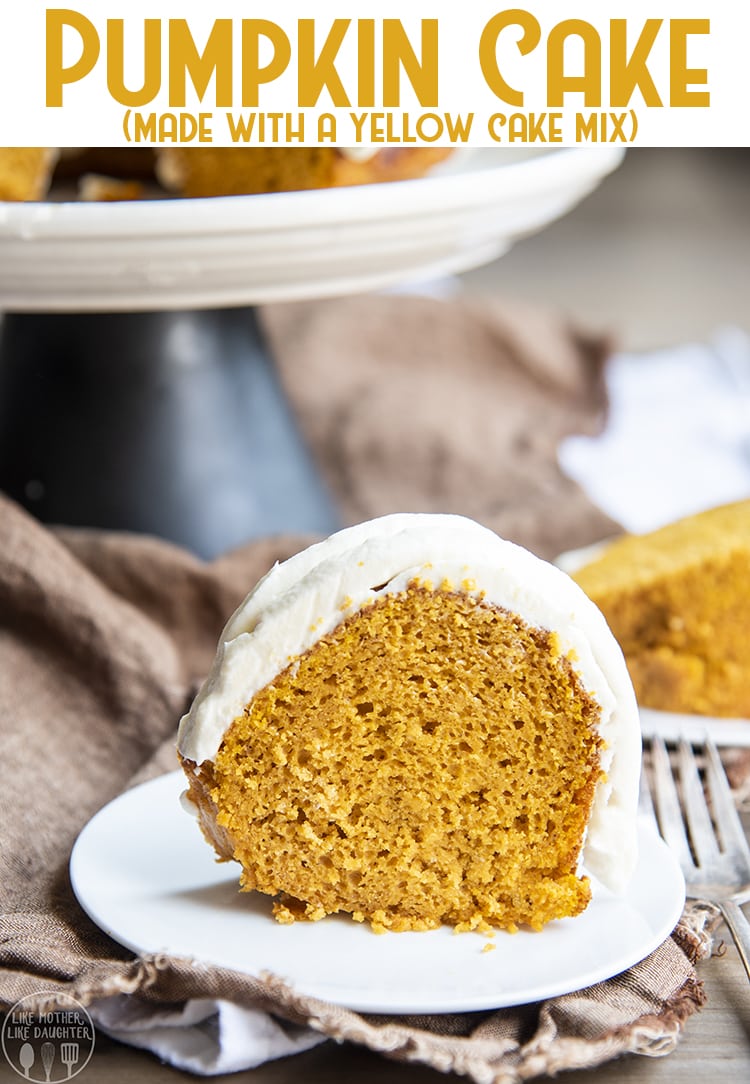 A piece of pumpkin cake on a plate, made with a cake mix.