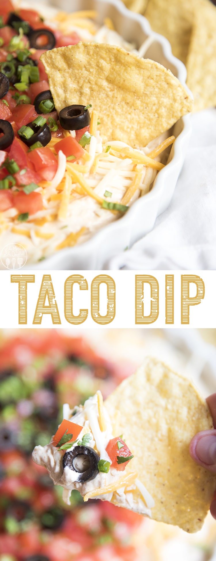 A collage of two photos of taco dip with a text block in the middle.