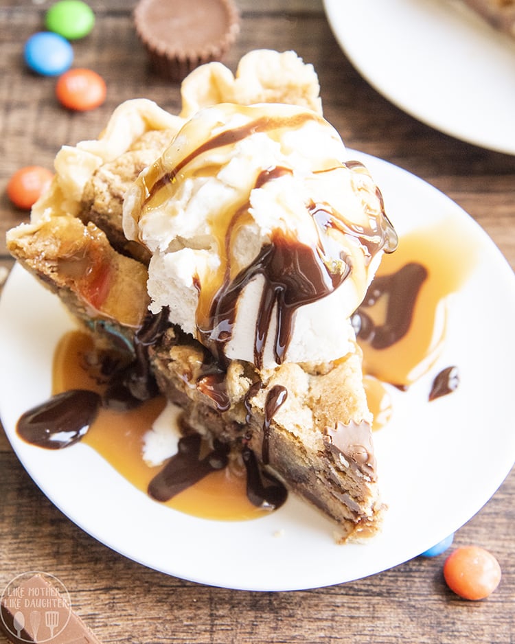 Candy Bar Pie topped with vanilla ice cream