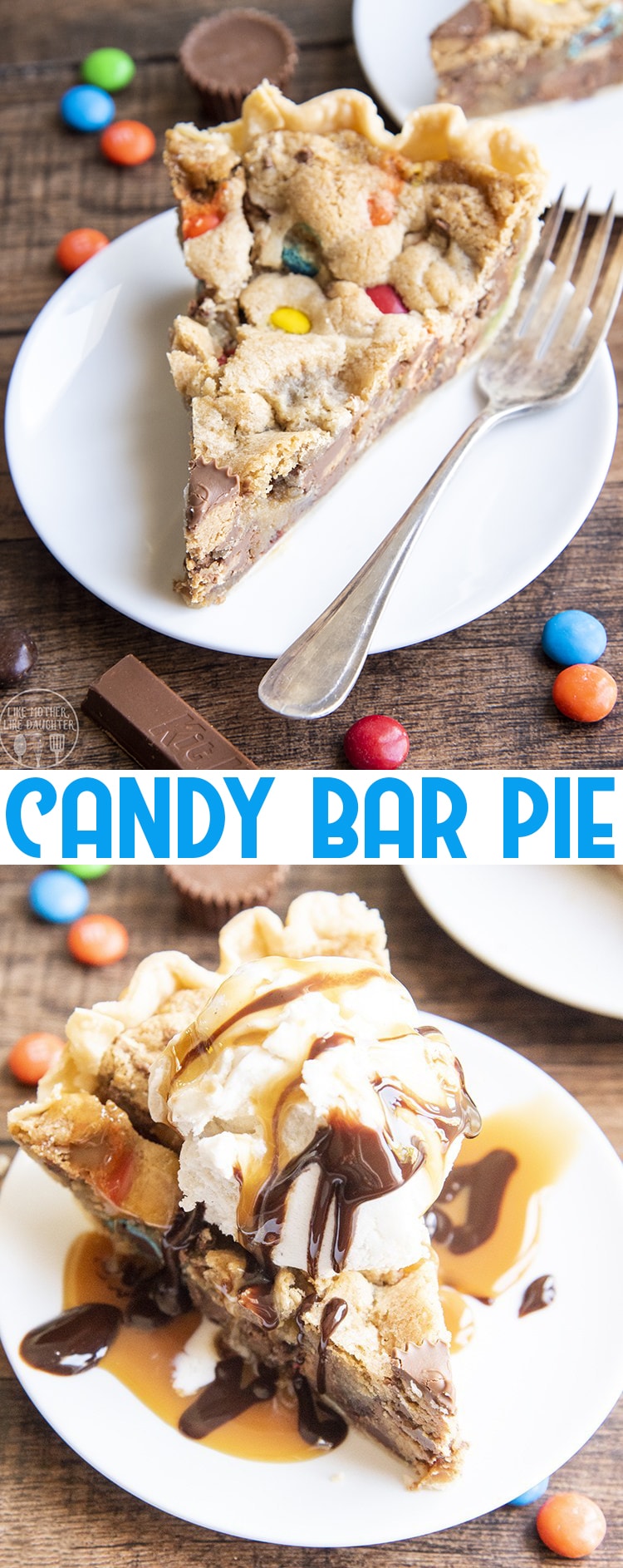 A collage of two photos of candy bar pie with a text block in the middle. 