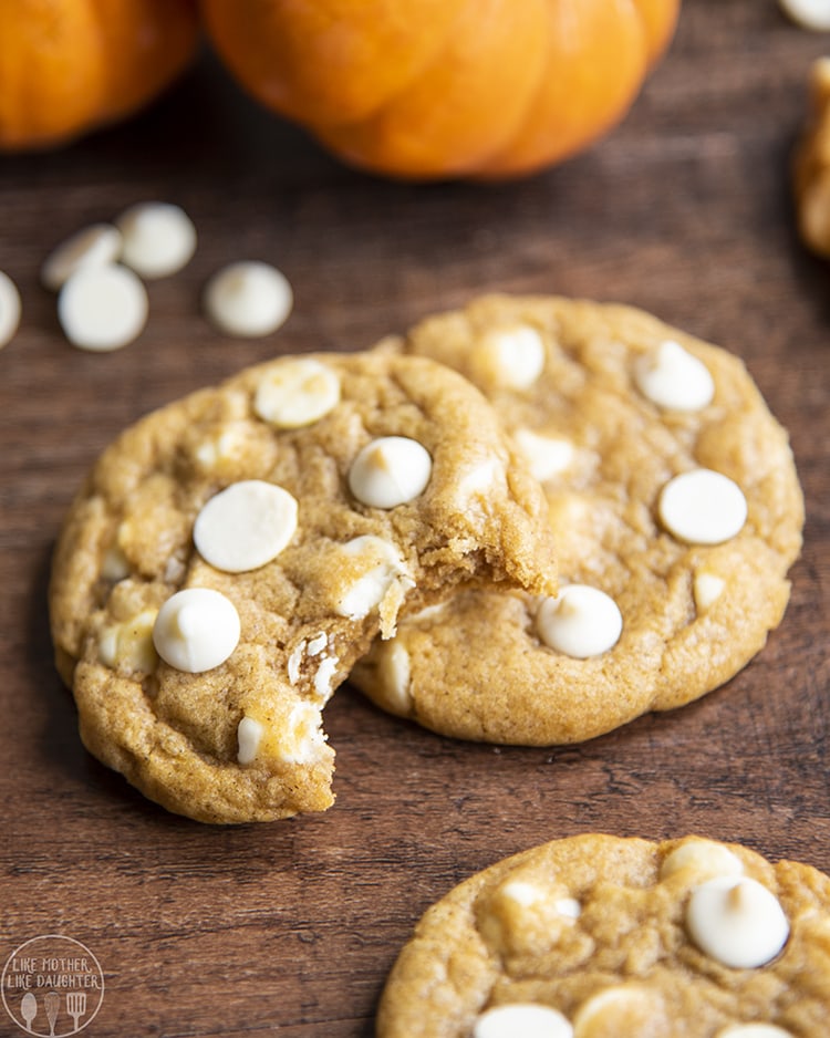 Chewy Pumpkin White Chocolate Chip Cookies are chewy with crispy edges, not cakey cookies.
