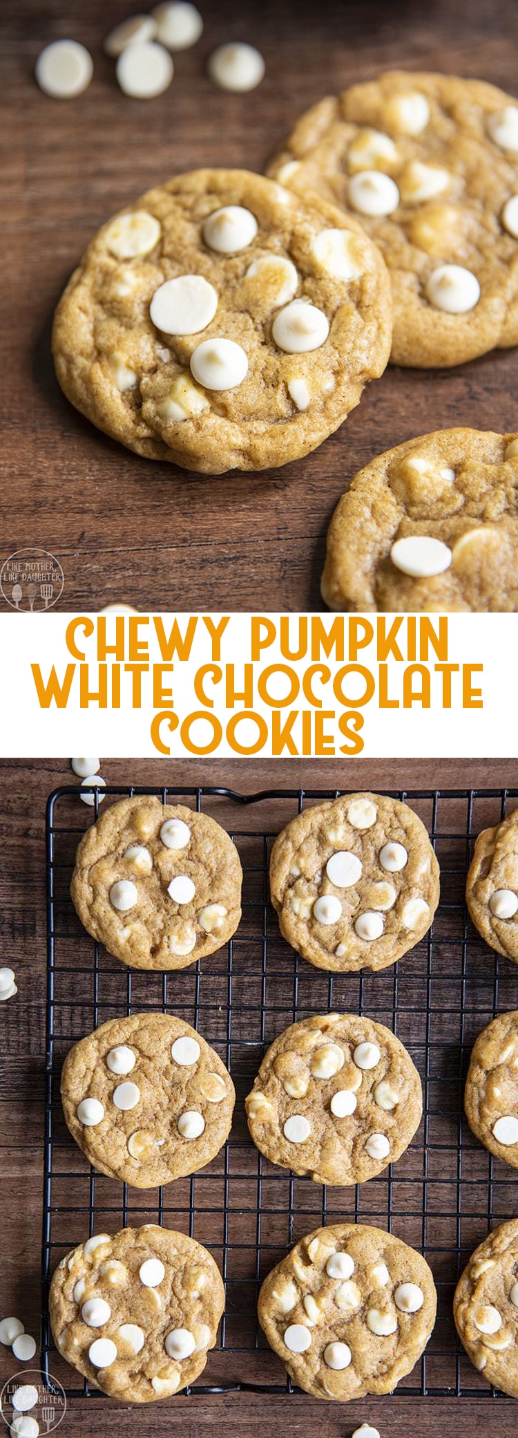A collage of two photos of chewy pumpkin cookies topped with white chocolate chips. 