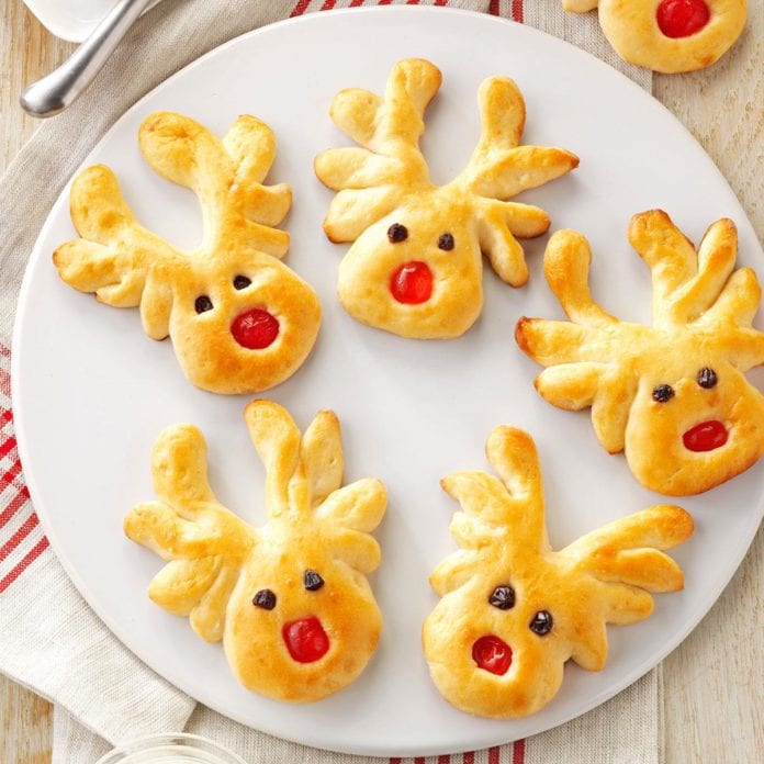 Rolls shaped to look like reindeer, with a red nose and chocolate chip eyes.