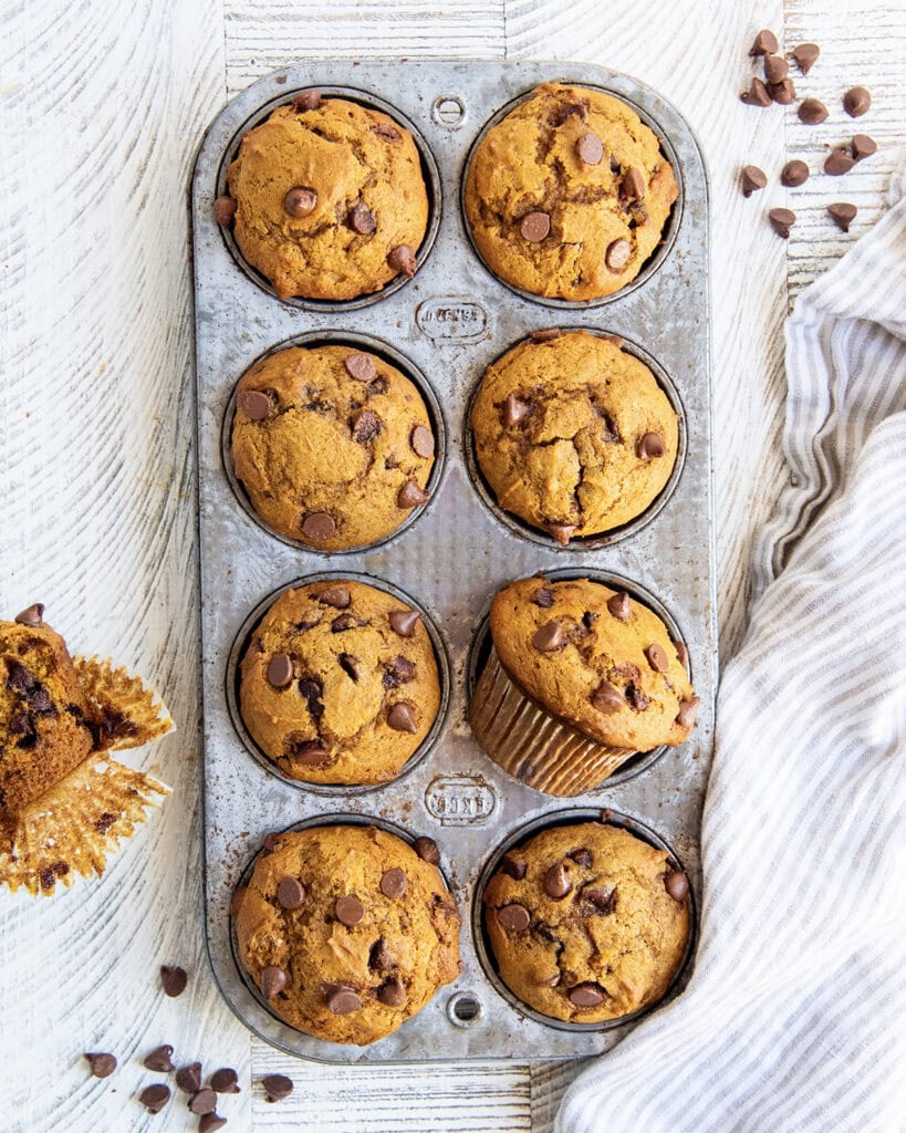 An above view of pumpkin chocolate chip muffins in a muffin tin.