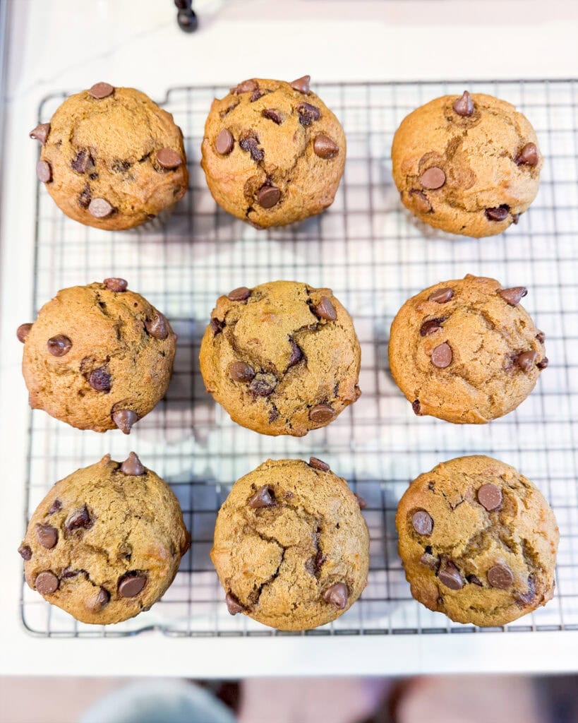 pumpkin chip muffins on a wire cooling rack.