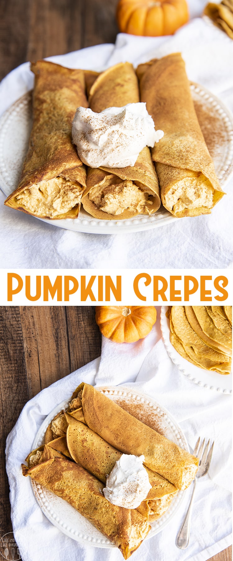 A collage of two photos of pumpkin crepes with a text block in the middle. 