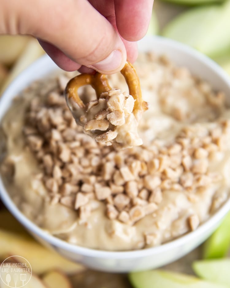 Toffee Apple Dip topped with heath bits can be served with sliced apples or pretzels