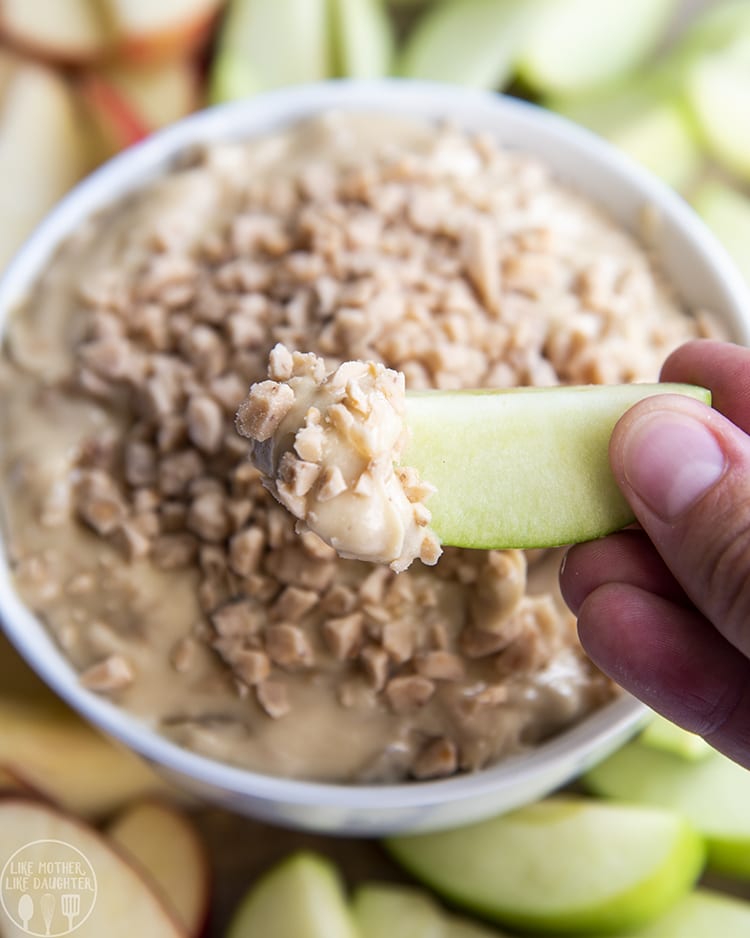 A green apple slice is perfect with this toffee apple dip