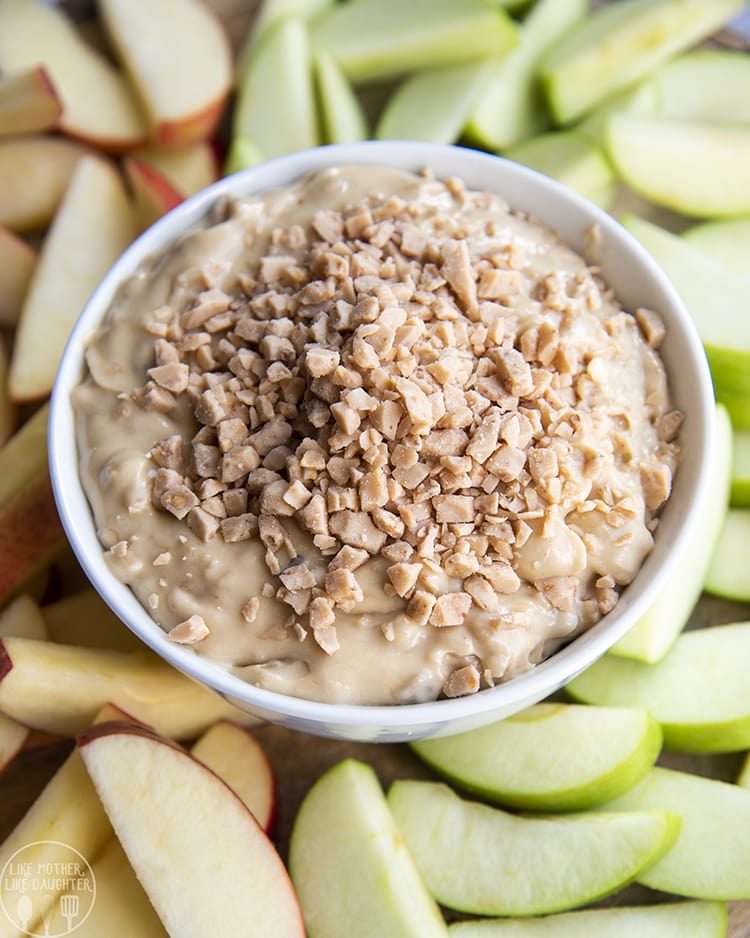 Three Ingredient Toffee Apple Dip with toffee pieces on top
