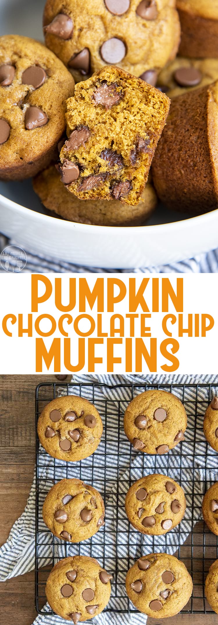 A collage of two photos of pumpkin chocolate chip muffins with a text block in the middle.