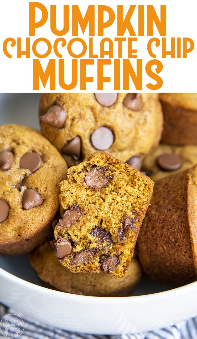 A bowl of pumpkin chocolate chip muffins, with one cut in half showing the middle. 
