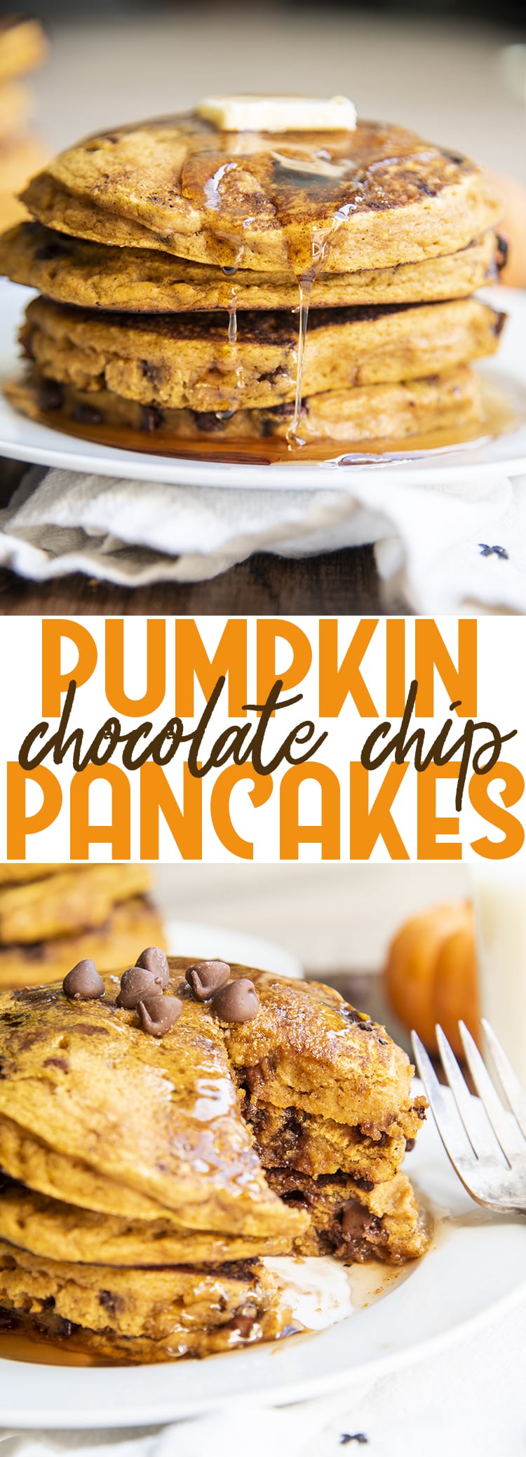Two photos of pumpkin chocolate chip pancakes. 