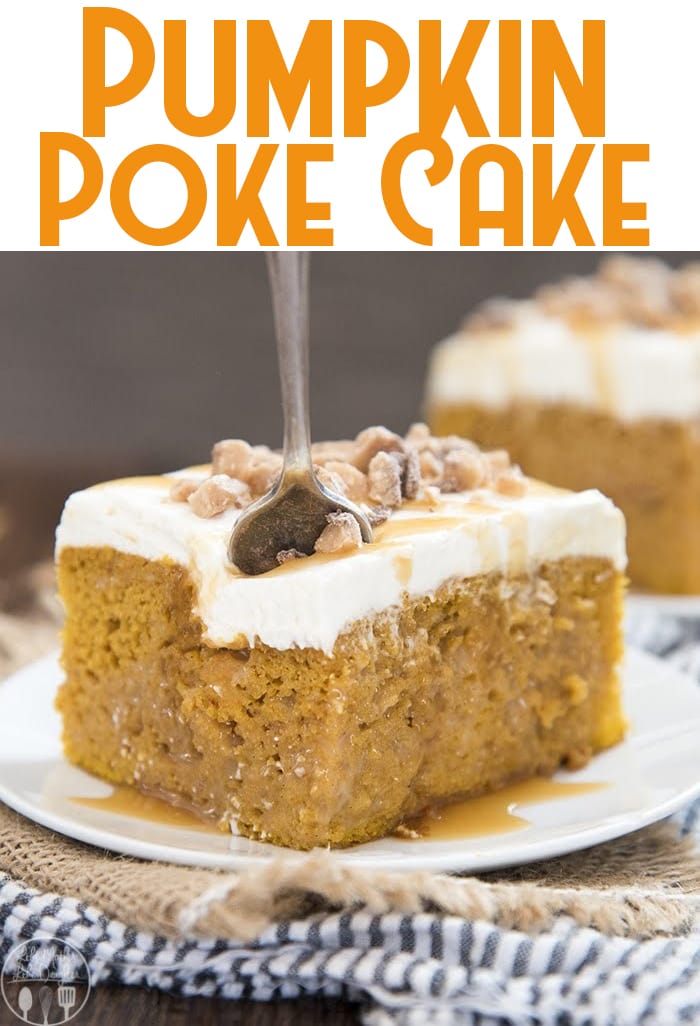 A piece of pumpkin poke cake on a plate with a fork in it.