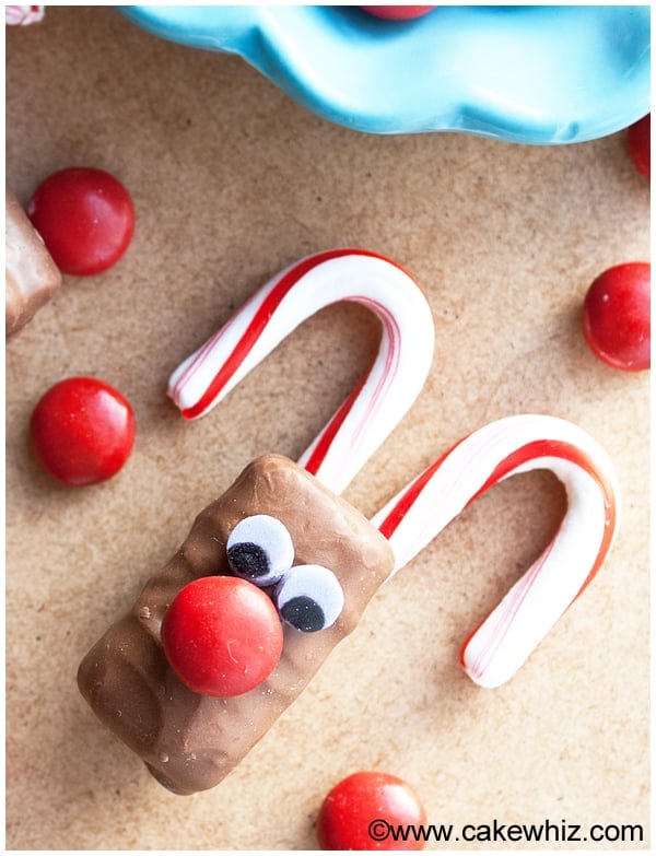 A chocolate dessert bar decorated with candy cane antlers. 