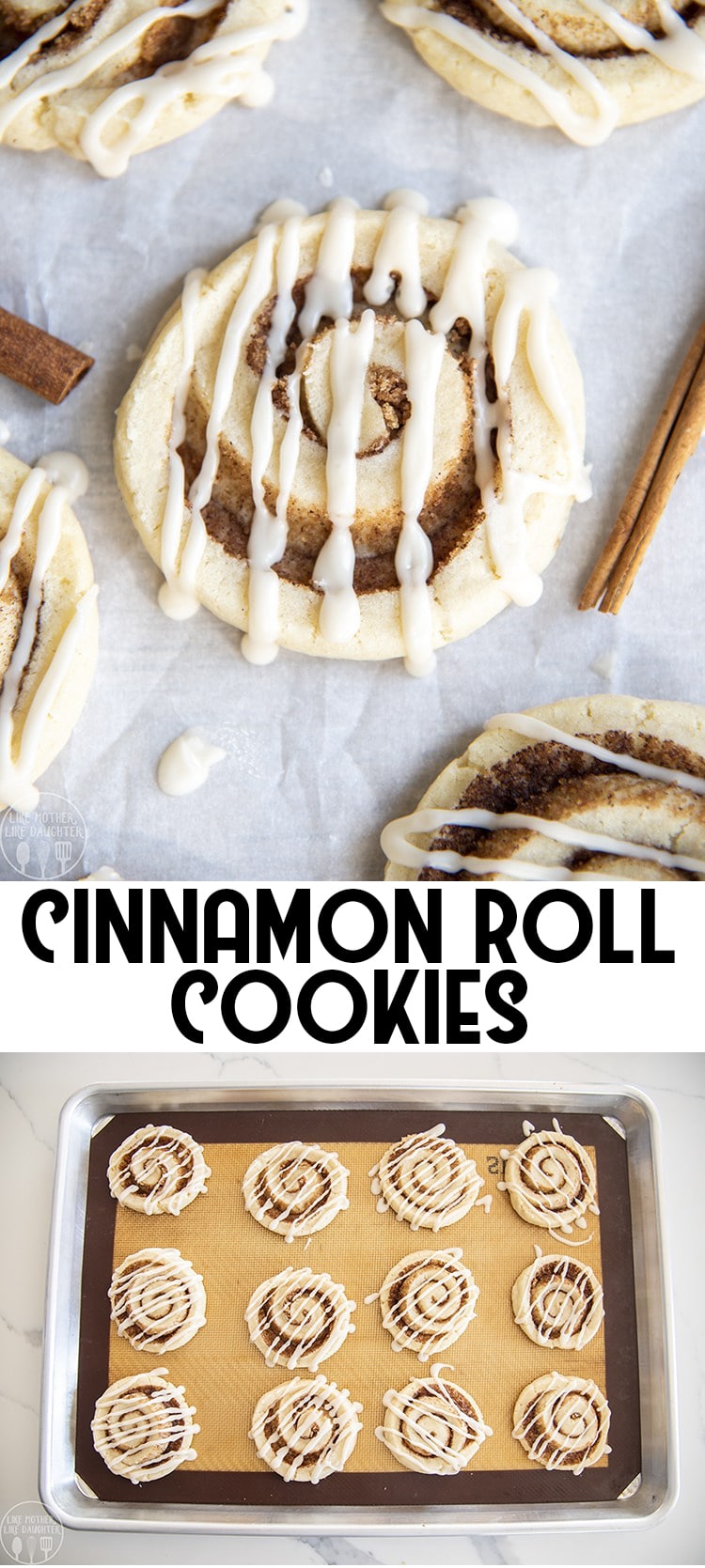A collage of two photos of cinnamon roll cookies with icing. 