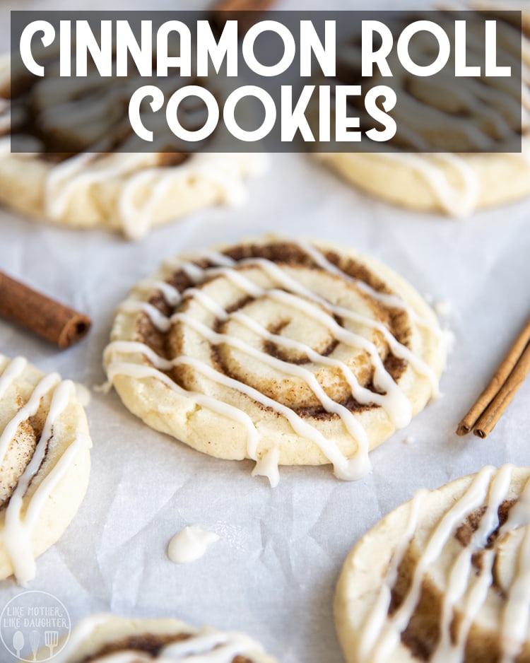 Cinnamon Roll sugar cookies with swirls of cinnamon in each cookie. 