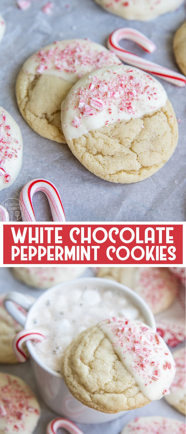 A collage of two photos of white chocolate peppermint cookies with a text block in the middle.