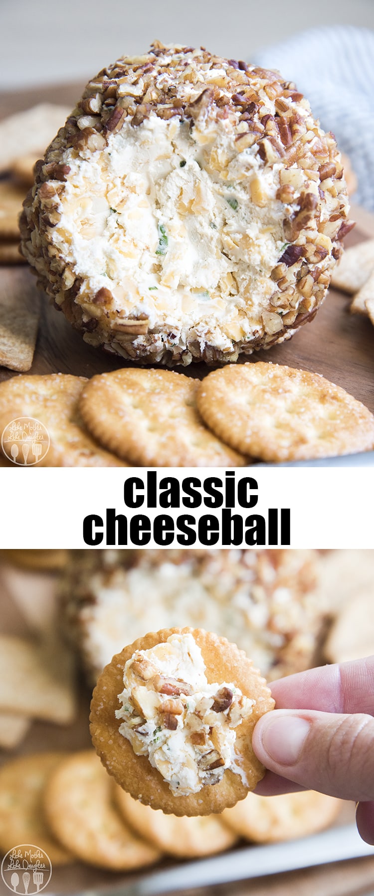 A collage of two photos of a cheese ball with a text block in the middle. 