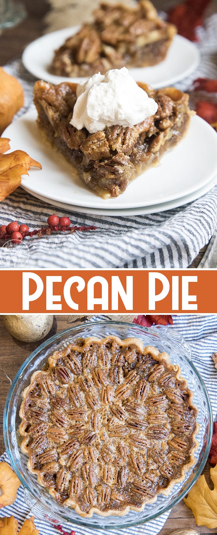 A collage of two photos of pecan pie with a text block in the middle. 