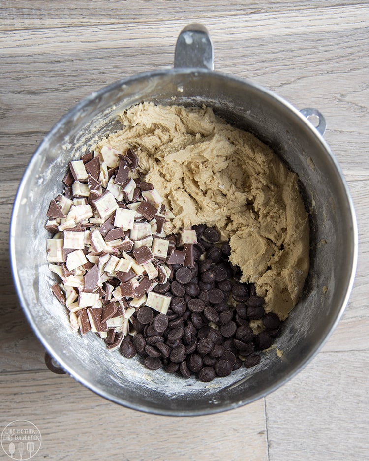 Peppermint Bark Cookie batter with peppermint bark pieces and chocolate chips