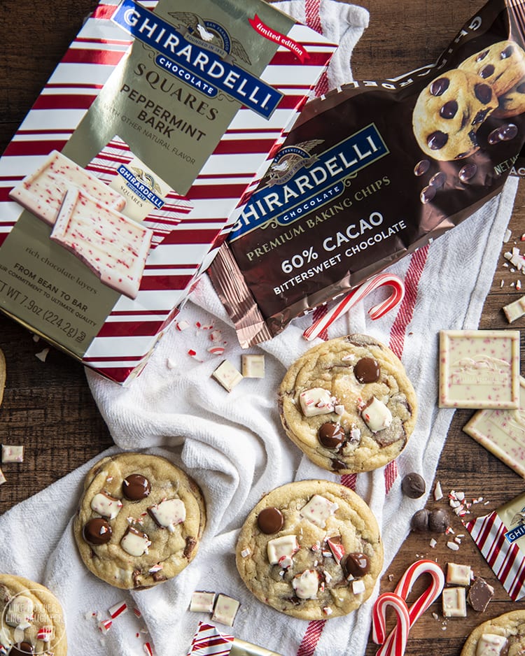 Peppermint Bark Cookies with peppermint bark in the cookies and candy cane pieces on top
