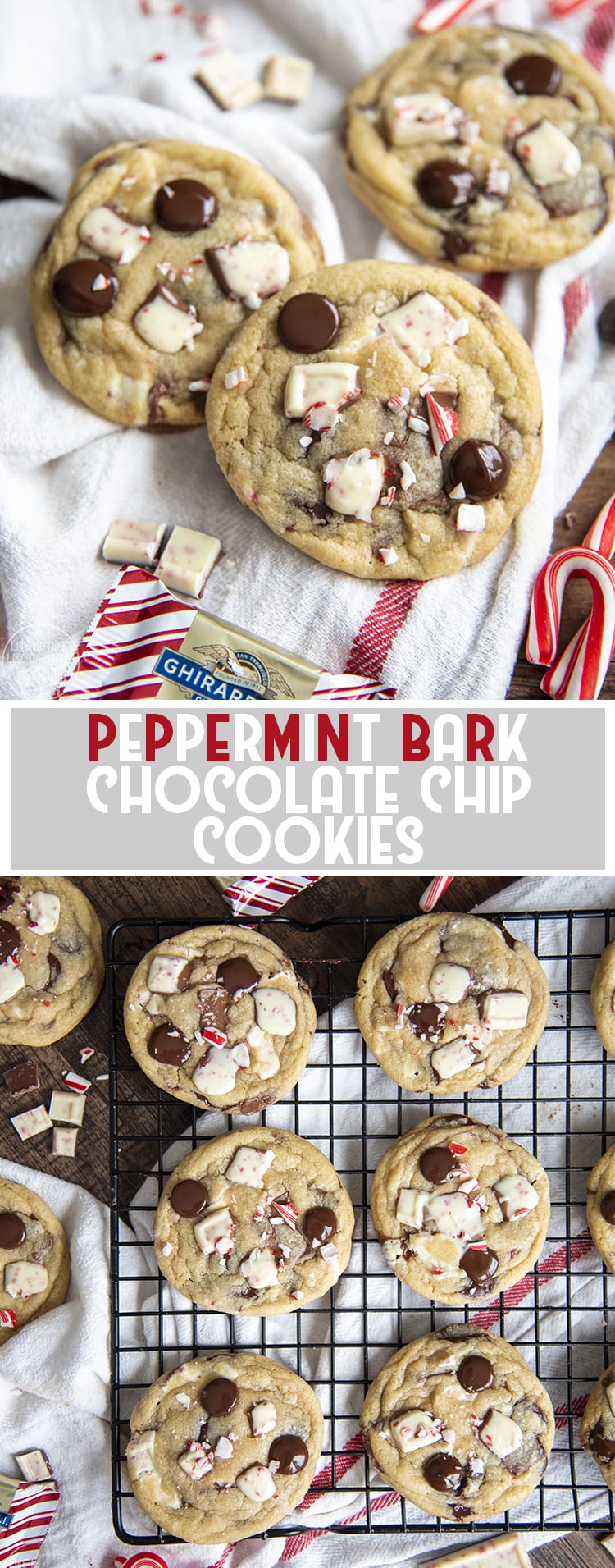A collage of two photos of peppermint bark chocolate chip cookies with a text block in between them.