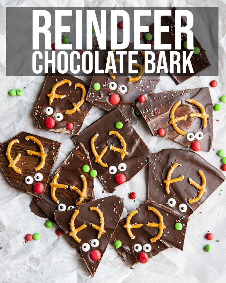 Chocolate bark topped with pretzels, candy eyes, and candy noses to look like reindeer.