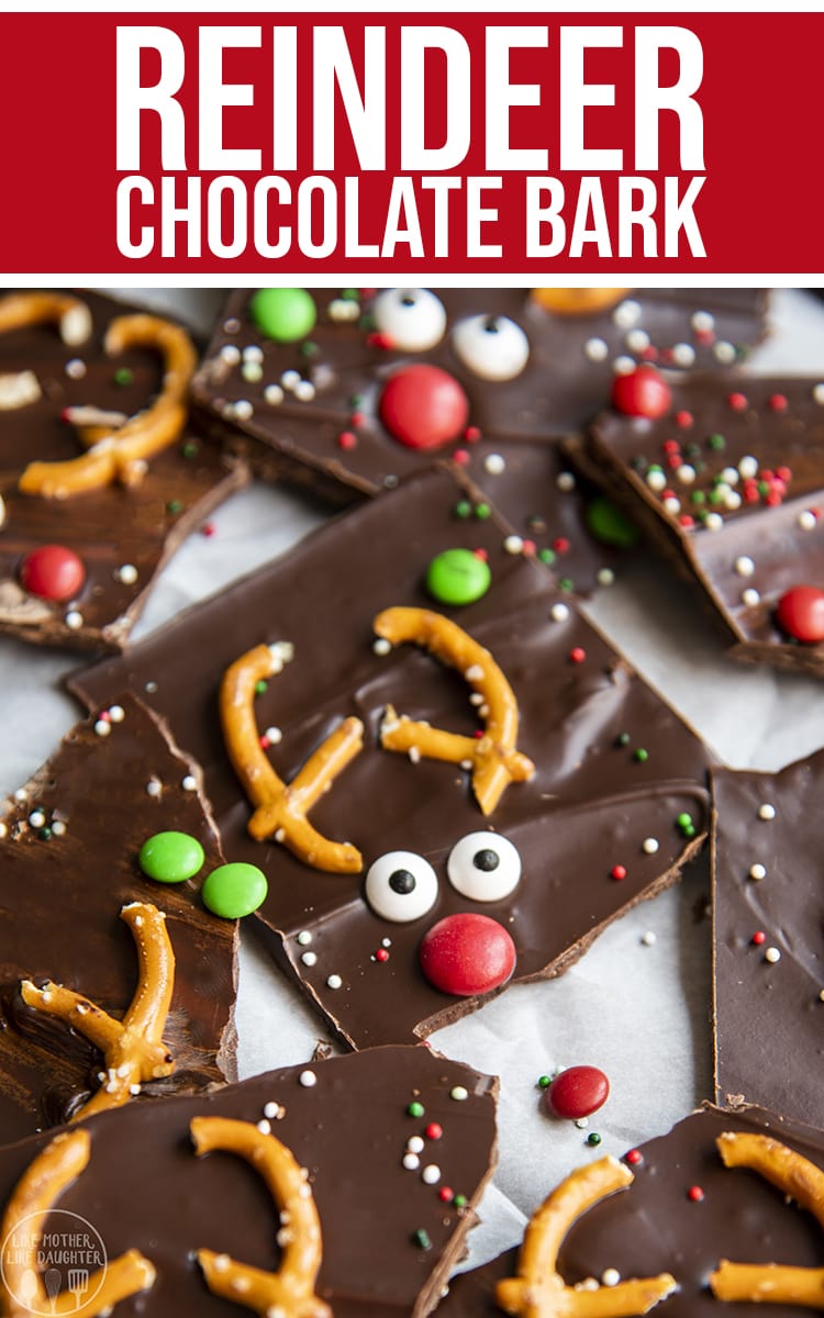 Chocolate bark pieces decorated with candy pieces to look like reindeer.