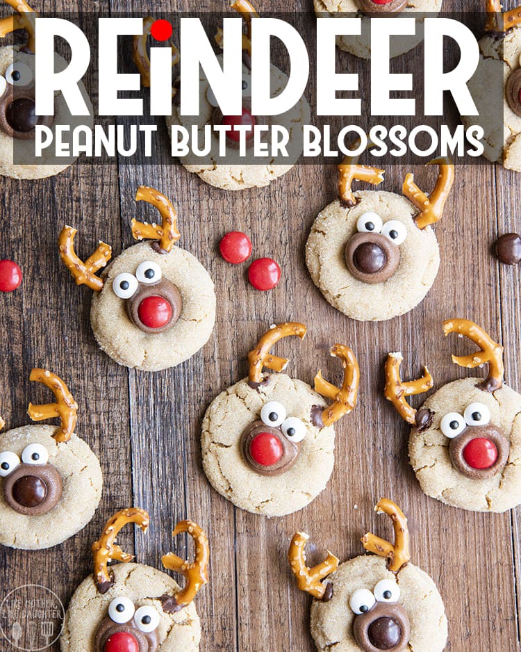 Peanut butter blossoms with pretzels and candy eyes to look like reindeer.