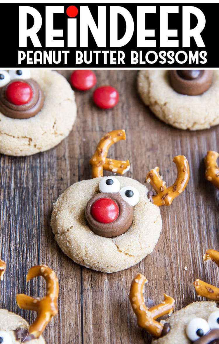 Peanut butter cookies decorated to look like reindeer.