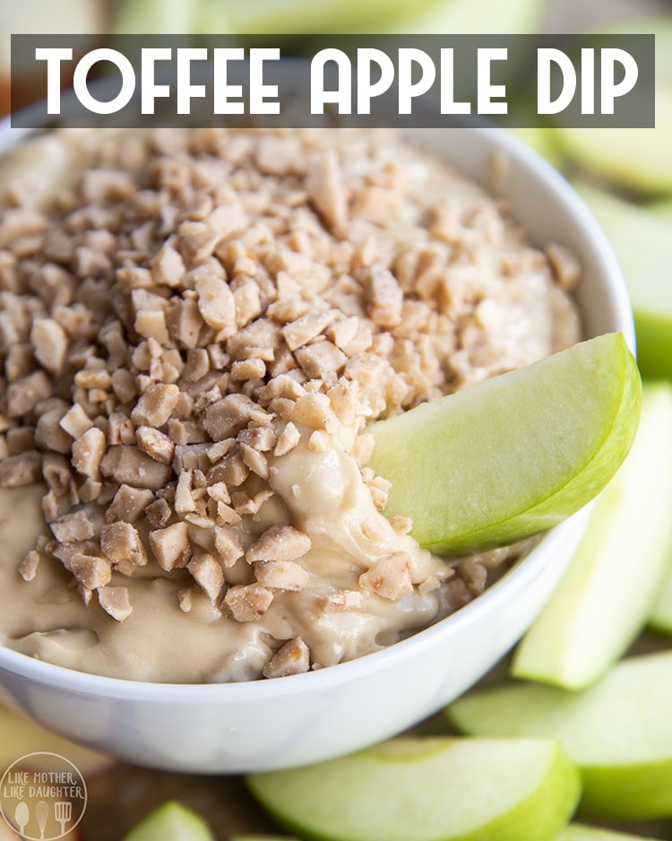 A bowl of fruit dip topped with heath bits with a text overlay.