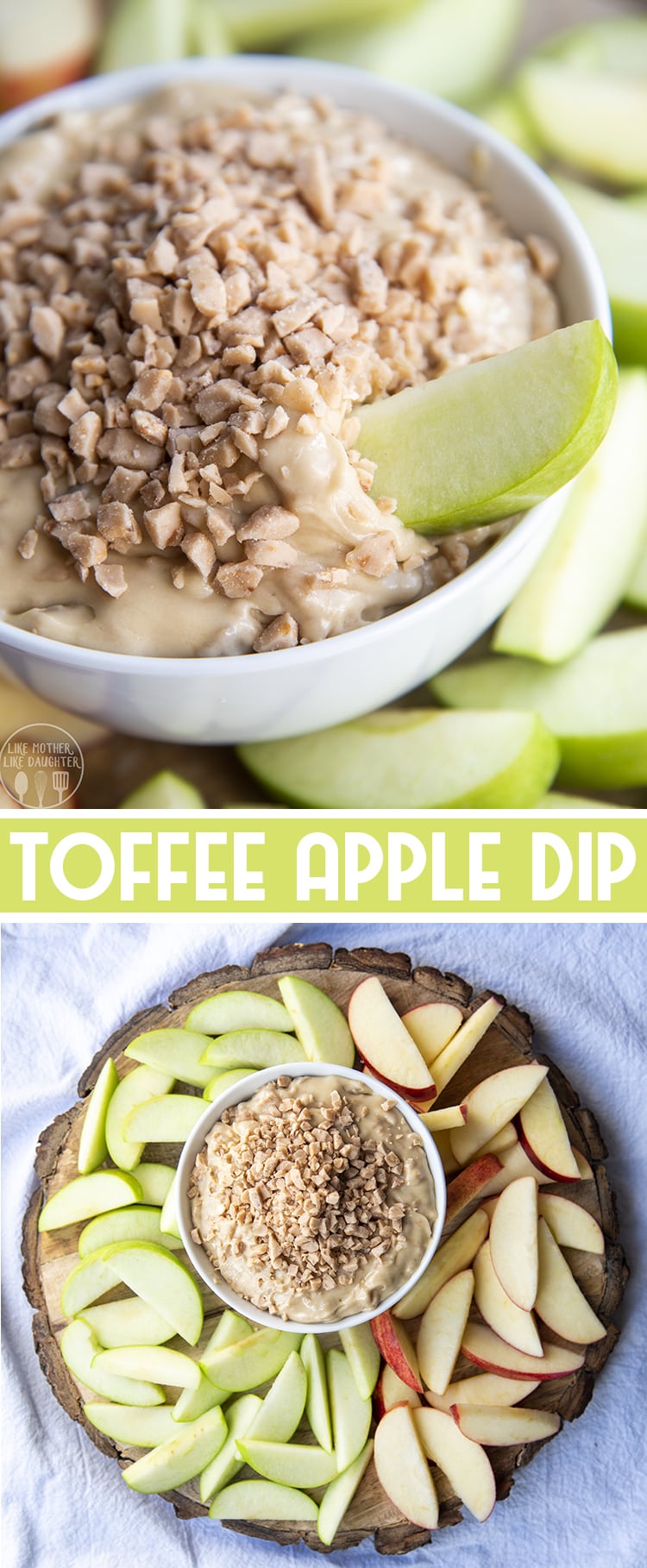 A collage of two photos of toffee apple dip with a text block in the middle.