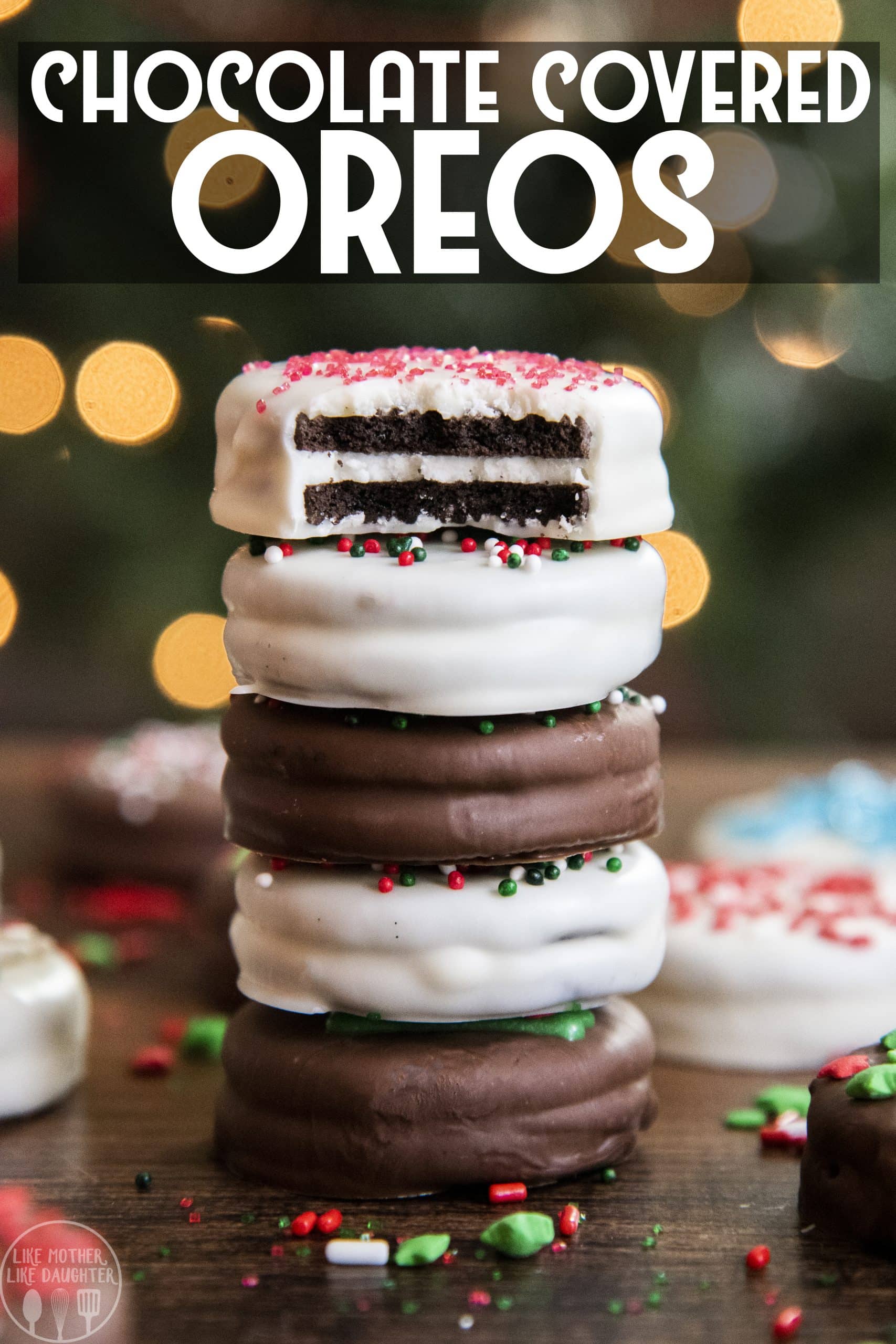 A stack of chocolate dipped oreos with a text overlay at the top.