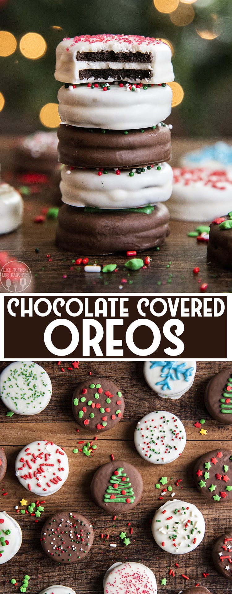 A collage of two photos of chocolate covered Oreos, that are decorated for Christmas. There is a text block between the two.