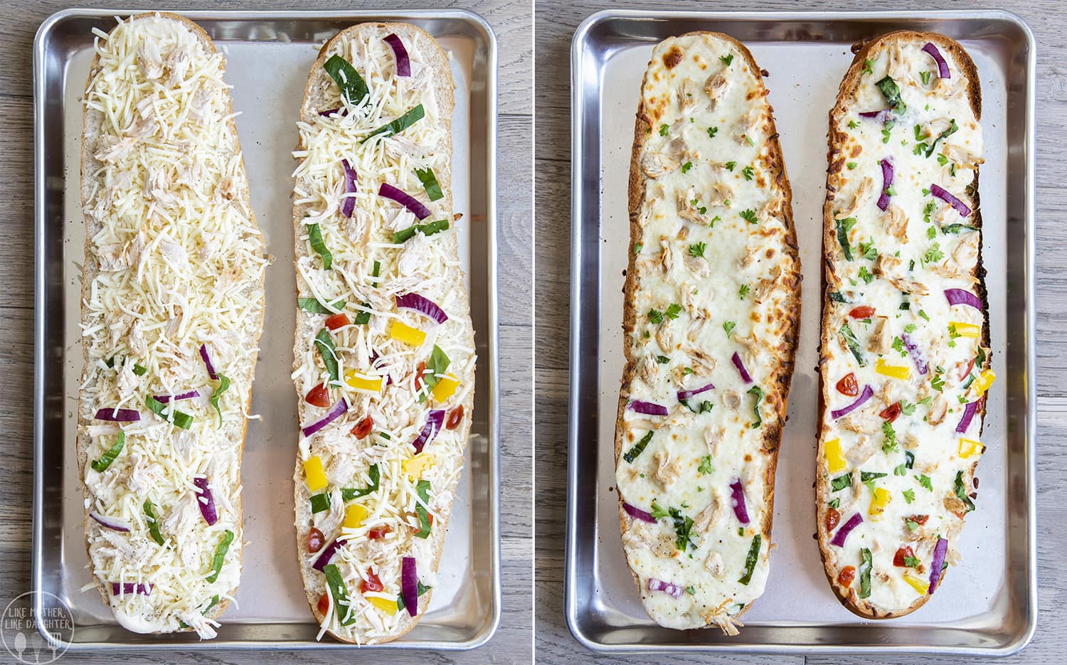 Chicken Alfredo Pizza made with a loaf of french bread for the crust