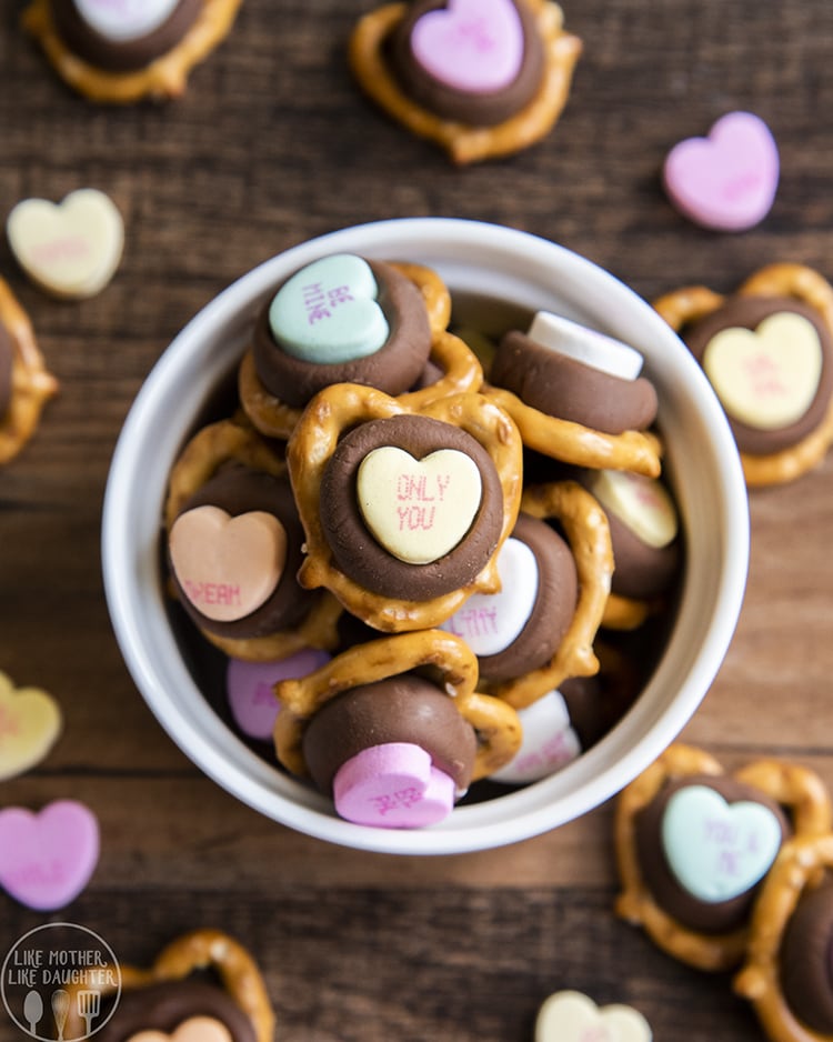 Conversation Heart Chocolate Pretzel Bites