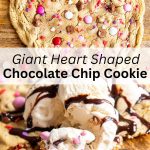A collage of two photos of a giant heart shaped cookie with a text block between them.