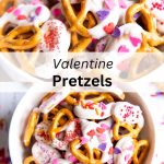 A collage of two photos of Valentine white chocolate pretzels.