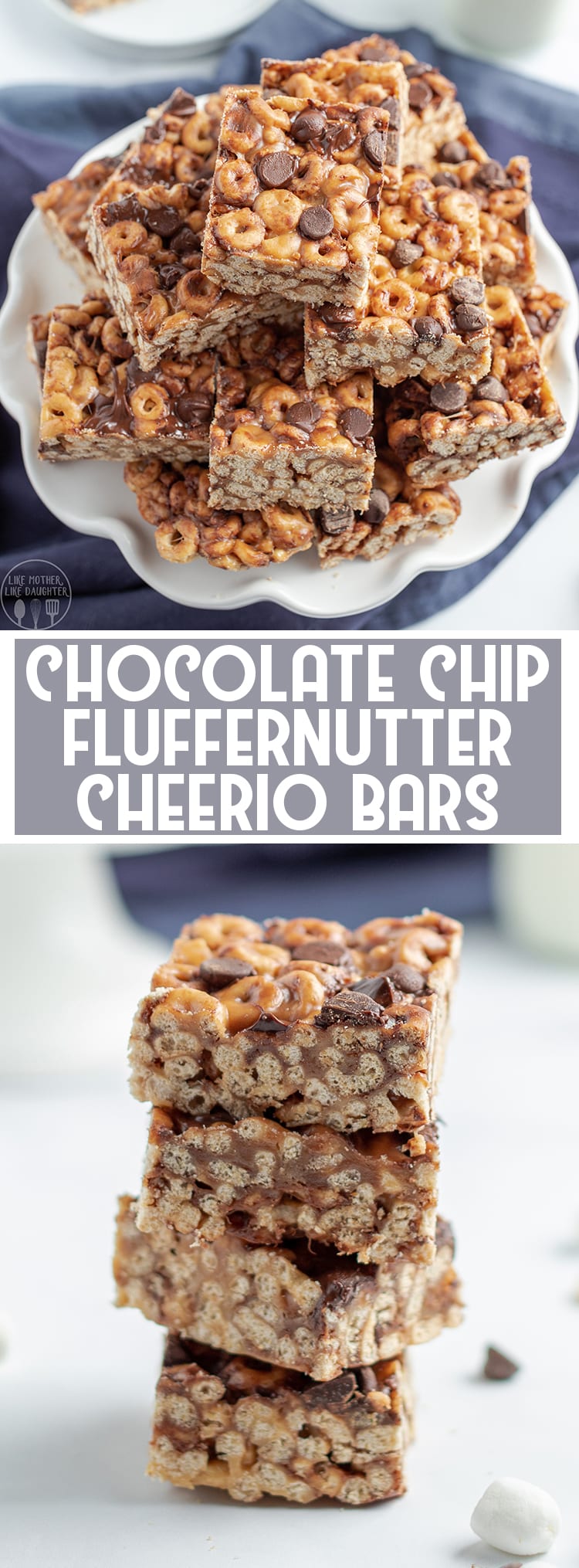 2 image collage of chocolate chip fluffernutter cheerio bars stacked on a plate with title card between.