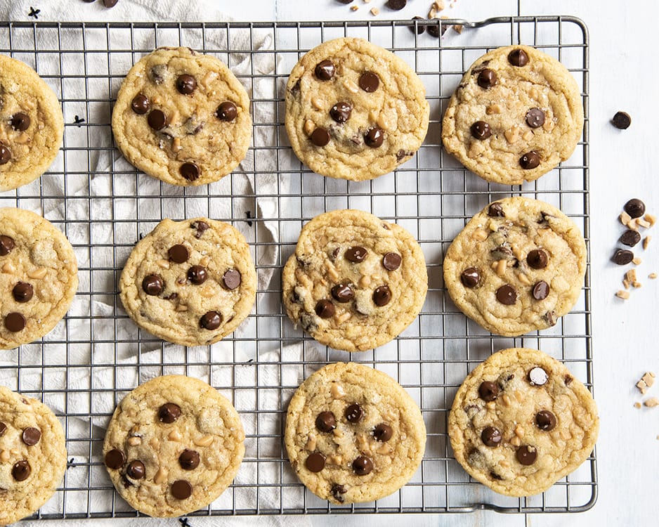 Chocolate chip Toffee Cookies on a cooling rack