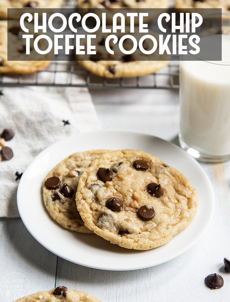 These chocolate chip toffee cookies are soft and chewy and packed full of a delicious buttery taste in every bite.