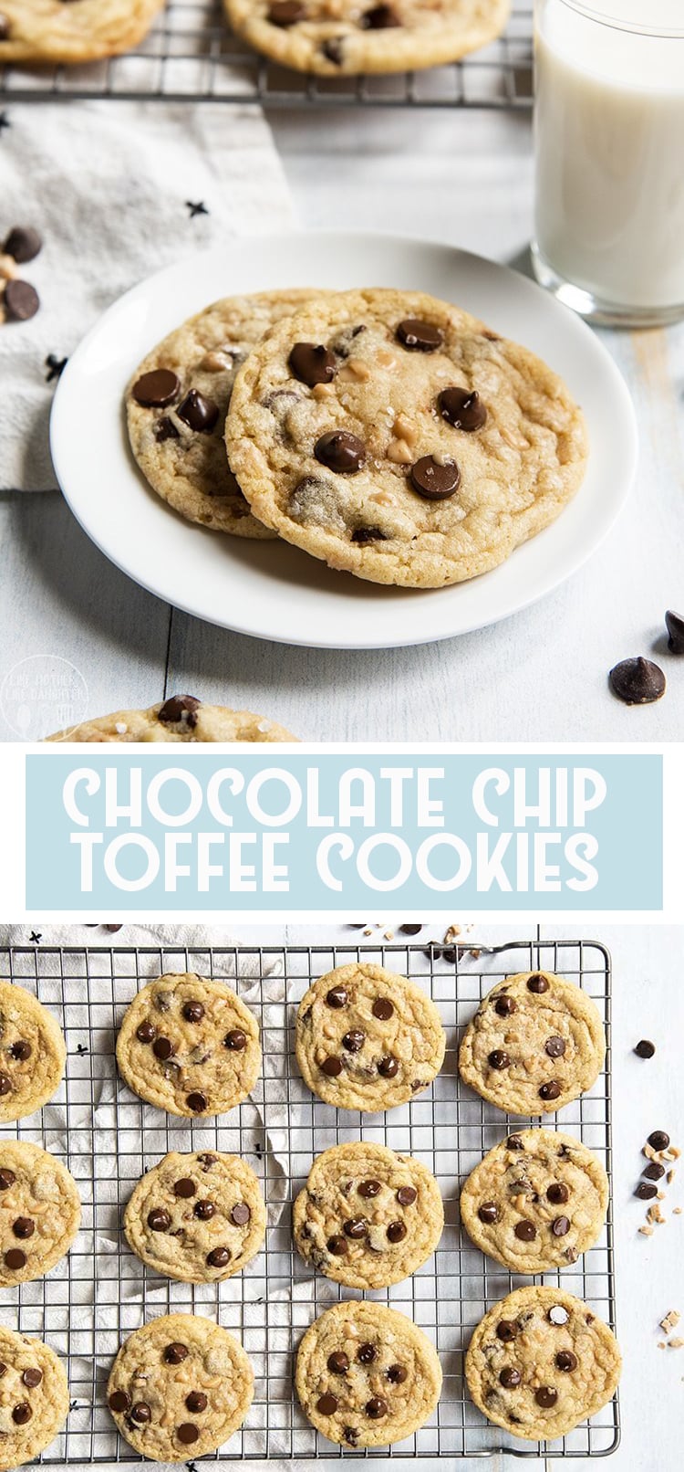 These chocolate chip toffee cookies are soft and chewy and packed full of a delicious buttery taste in every bite.