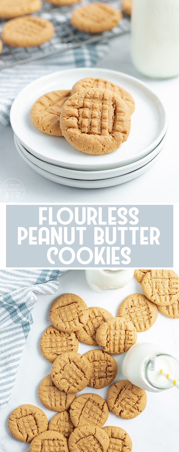 2 image collage of flourless peanut butter cookies with close up images, milk, and title card.