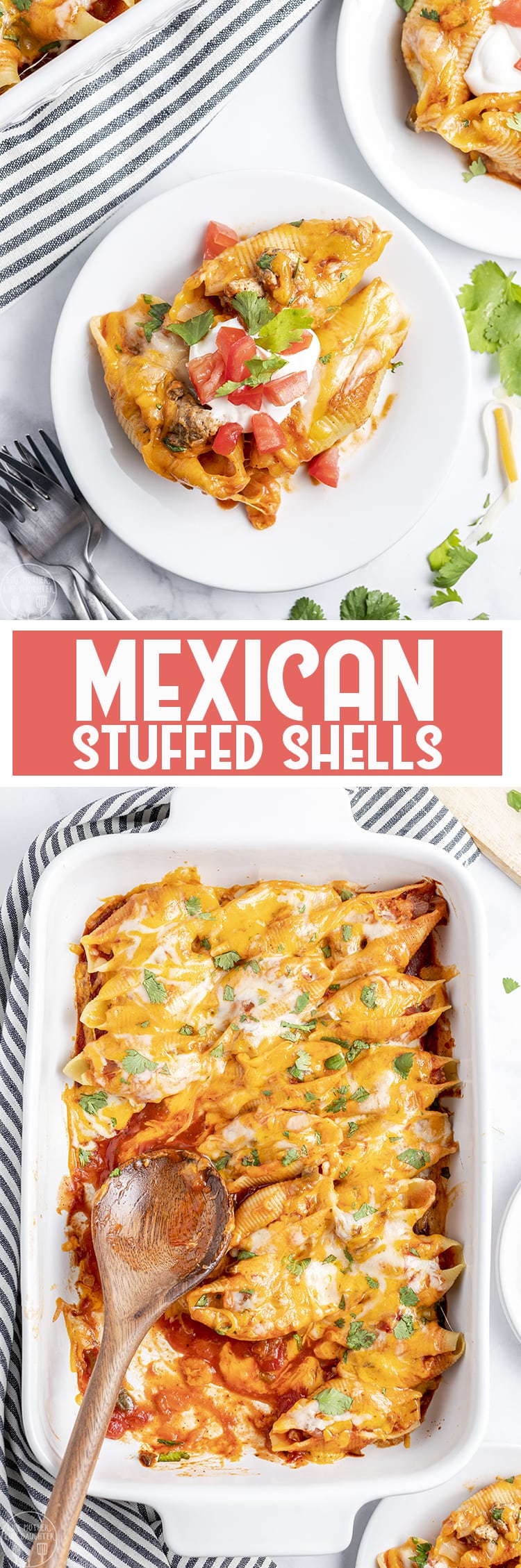 2 image collage of mexican stuffed shells with above shots of the shells and a title card.