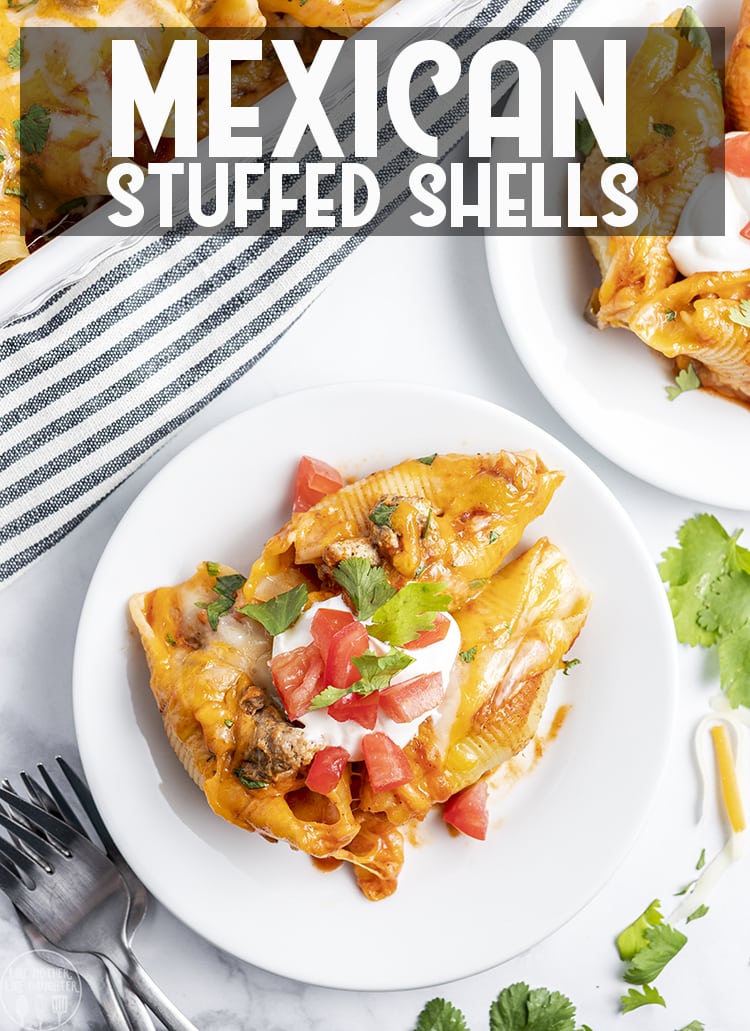 Above image of Mexican stuffed shells on a white plate with a title card that reads Mexican stuffed shells.