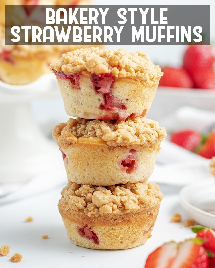 These Bakery Style Strawberry Muffins are sweet, moist, and big strawberry muffins topped with a delicious cinnamon streusel crumb topping.
