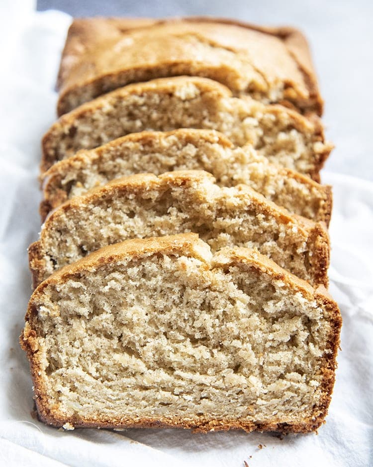 Close up image of sliced pieces of the best banana bread.