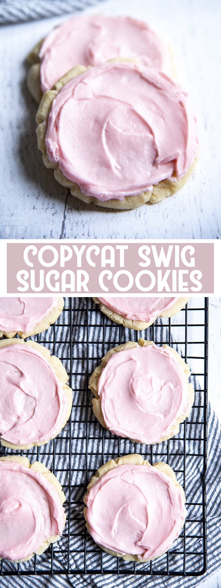 2 image collage of copycat swig sugar cookies with pink frosting separated by a title card.