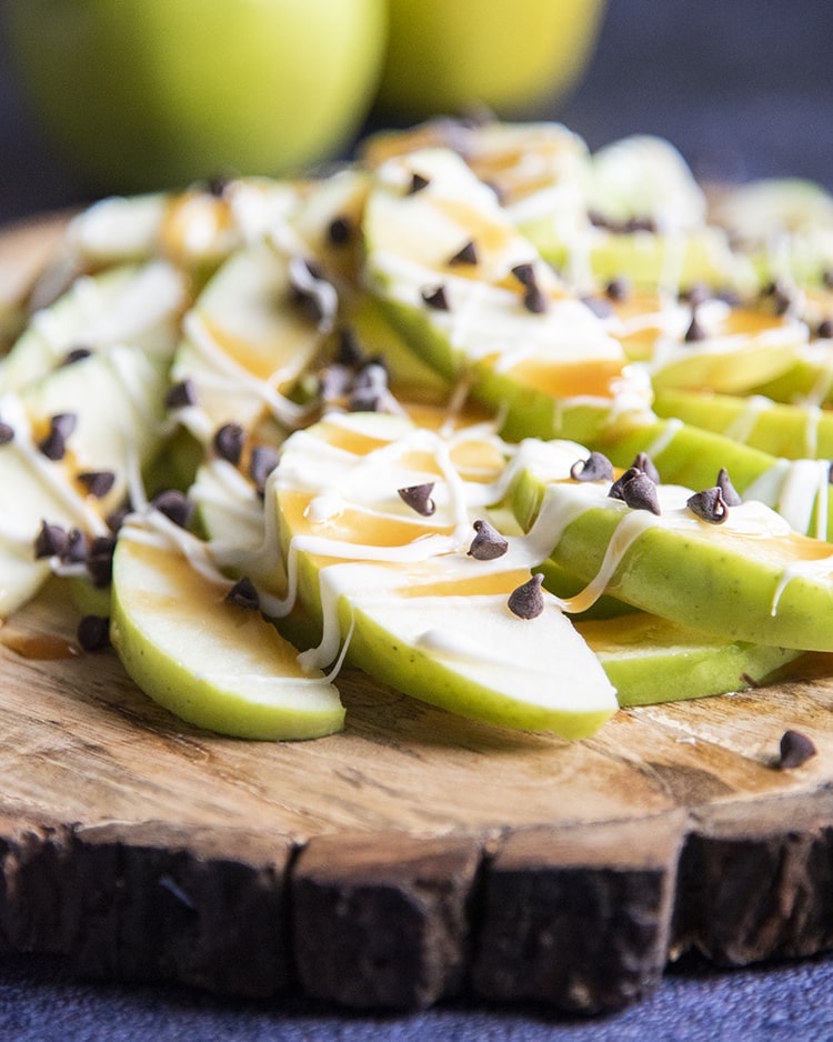 Caramel Apple Nachos with caramel sauce, white chocolate and chocolate chips