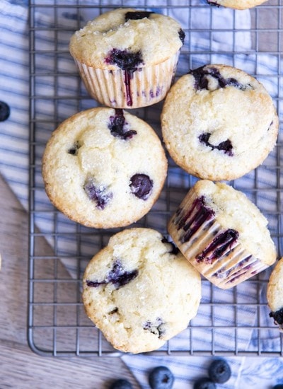Close up shot of blueberry muffins on a cooling rack.